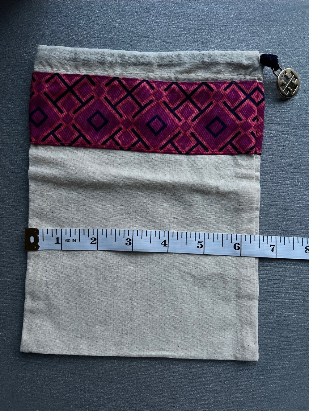 Tory Burch | Natural Canvas Dust Bag Pink & Navy Geometric Trim Size 6.5” x 8.5” - Picture 7 of 10